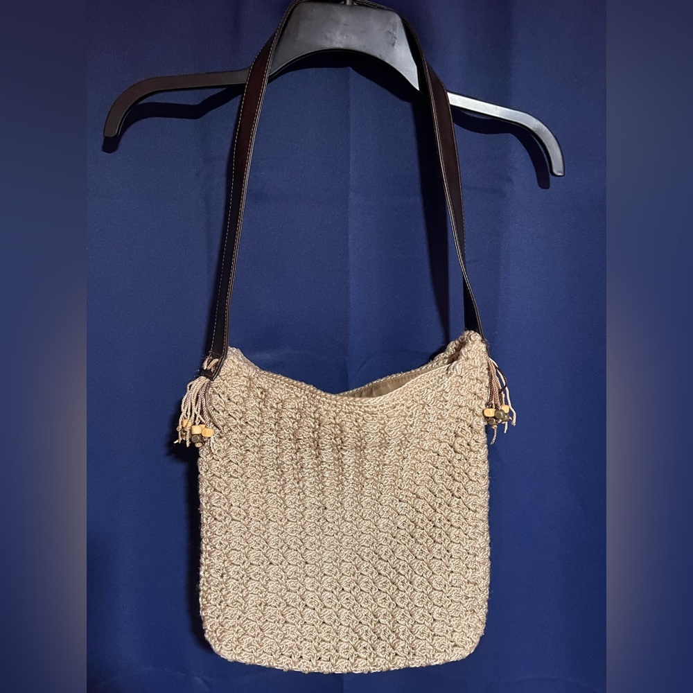 The Sak Tan Knit Bag with Brown Handles & Beaded and Knotted Tassels